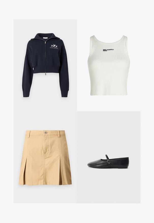Sweat-shirt bleu marine court à zip avec col montant, doté de poignets et d'une ceinture côtelés, avec un logo blanc brodé sur le côté gauche de la poitrine.; Débardeur blanc à côtes avec un col rond, présentant le logo noir "KARL LAGERFELD JEANS" à l'avant.; Jupe beige longueur genou avec passants de ceinture, fermeture à boutons sur le devant, deux plis avant et coutures visibles sur fond uni.; Ballerines noires en cuir avec un bout pointu, une semelle plate et une petite sangle avec un détail de boucle en argent.