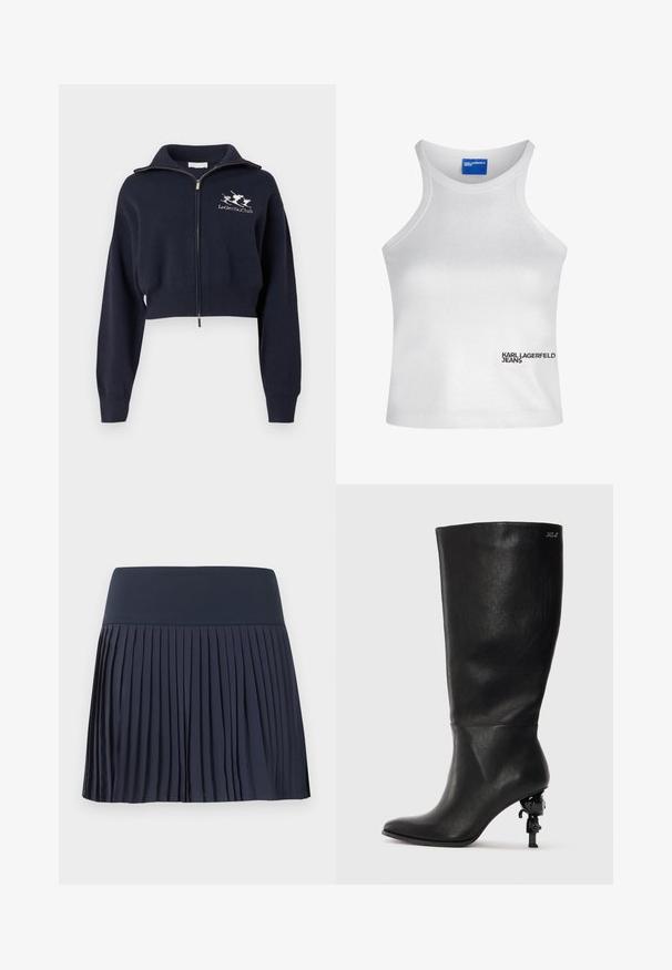 Sweat-shirt bleu marine court à zip avec col montant, doté de poignets et d'une ceinture côtelés, avec un logo blanc brodé sur le côté gauche de la poitrine.; Débardeur blanc sans manches avec col montant et logo "Karl Lagerfeld Jeans" en bas à droite devant.; Jupe plissée bleu marine avec une large ceinture plate, longueur genou, réalisée en tissu léger, présentée sur un fond blanc uni.; Botte noire à mi-mollet en cuir lisse. Elle possède un bout pointu et un talon sculptural distinctif avec un accent décoratif.