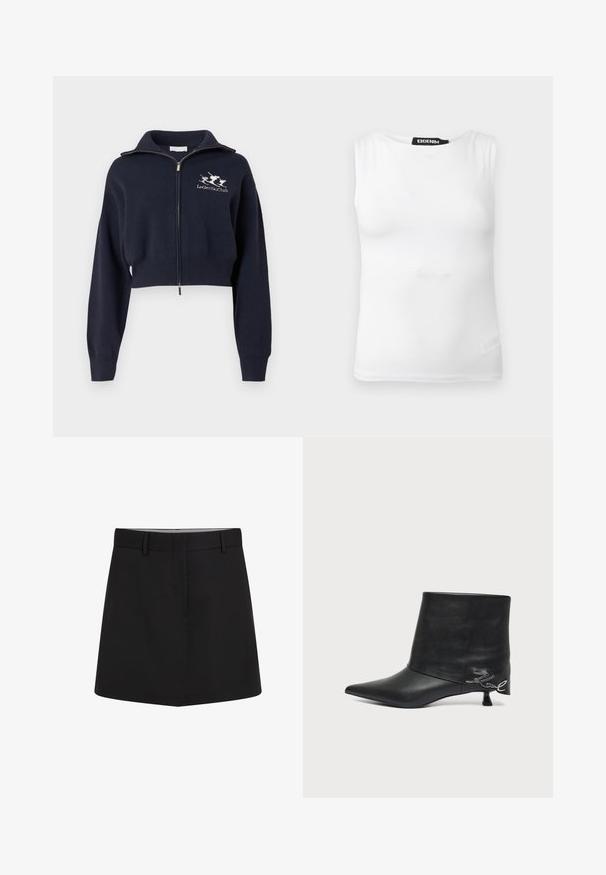 Sweat-shirt bleu marine court à zip avec col montant, doté de poignets et d'une ceinture côtelés, avec un logo blanc brodé sur le côté gauche de la poitrine.; T-shirt blanc sans manches à col rond avec une étiquette de marque noire « DENIM » au niveau de l'encolure, présenté sur un fond uni.; Shorts noirs en tissu lisse, présentant un design ajusté avec une taille plate et des poches latérales. Silhouette épurée et minimaliste.; Bottine en cuir noir avec bout pointu, petit talon kitten et détail écrit argenté près du talon.
