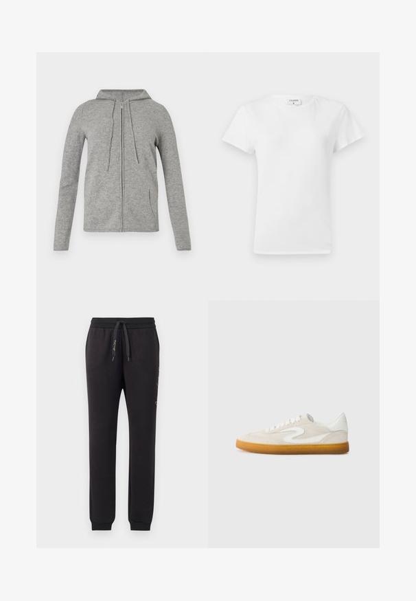 Sweat à fermeture éclair gris en tissu doux, avec capuche à cordon, manches longues et poches latérales, au toucher lisse et au design décontracté.; T-shirt en coton blanc avec un col rond et des manches courtes, présentant une coupe décontractée et un design minimaliste. Étiquette visible au niveau du cou.; Jogging en noir en coton doux avec une taille élastique et un cordon de serrage. Comprend des poignets côtelés et un texte brodé sur le côté.; Baskets en daim beige avec des accents en cuir blanc, semelle en caoutchouc naturel et bout rond. Présente un design distinct en forme de virgule sur le côté.