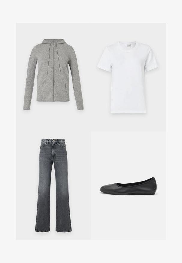 Sweat à fermeture éclair gris en tissu doux, avec capuche à cordon, manches longues et poches latérales, au toucher lisse et au design décontracté.; T-shirt en coton blanc avec un col rond, des manches courtes, un ourlet droit et une texture lisse. Sans motifs ni accessoires supplémentaires.; Jeans en denim gris évasés avec une taille haute, un design à cinq poches, une fermeture à bouton et un dégradé de texture subtil du haut vers le bas.; Ballerines en cuir noir avec un bout rond, texture lisse, détails de couture minimalistes et design de semelle flexible.