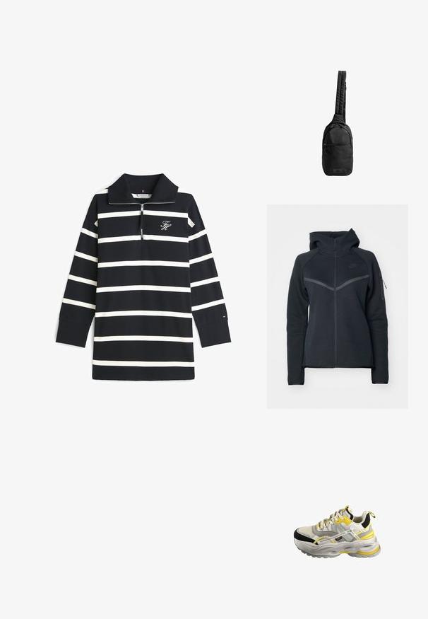 Haut de hoodie zippé noir avec un col haut, des accents gris contrastants et une poche zippée sur le côté. Fabriqué en matériau en polaire douce avec une coupe ajustée.; Polo à manches longues rayé bleu marine et blanc avec col zippé et logo brodé sur le côté gauche de la poitrine. Mélange de coton, coupe décontractée, poignets côtelés.; Baskets chunky blanches et noires avec des accents jaunes, dessus en tissu texturé, semelle épaisse et logo en détail sur le côté et la languette.; Sac sling noir en tissu texturé, avec une seule sangle rembourrée, une poche frontale zippée et un patch logo à la base.