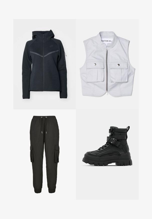 Sort zip-hoodie med høj krave, kontrasterende grå detaljer og en sidelomme med lynlås. Fremstillet af blødt fleece-materiale med en tætsiddende pasform.; Lys grå ærmeløs vest lavet af et glat stof, med lynlås foran, to store forsætslommer og en stående krave.; Sorte cargo bukser lavet af let materiale, med elastisk talje, justerbar snor, sidelommer og ribbede manchetter.; Sorte ankelstøvler med en tekstureret overdel, kraftig sål, snørelukning og justerbar rem med logo-detalje. Gummisal med udtalt dækmønster.