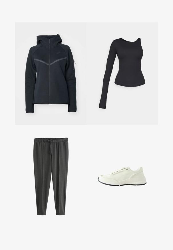 Sort zip-hoodie med høj krave, kontrasterende grå detaljer og en sidelomme med lynlås. Fremstillet af blødt fleece-materiale med en tætsiddende pasform.; Sort langærmet top med ét skulderdesign. Fremstillet af elastisk materiale, tætsiddende silhuet og glat tekstur.; Mørkegrå, elastiske joggers lavet af blødt stof; har en elastisk talje med snøre og tilspidsede ben.; Next REGULAR FIT - FOREVER COMFORT LACE UP - Sneakers - white