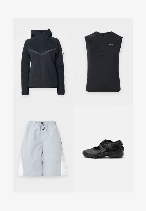 Haut de hoodie zippé noir avec un col haut, des accents gris contrastants et une poche zippée sur le côté. Fabriqué en matériau en polaire douce avec une coupe ajustée.; Haut de sport noir sans manches avec un col montant, arborant un petit logo Nike blanc sur la poitrine et des accents blancs contrastants aux emmanchures.; Shorts de sport gris clair avec des panneaux latéraux blancs, une taille élastique et un cordon noir, présentés sur un fond uni.; Sandale de sport noire avec bout fermé, brides Velcro au médio-pied et au talon, et semelle épaisse et rembourrée marquée "AIR" sur le côté.