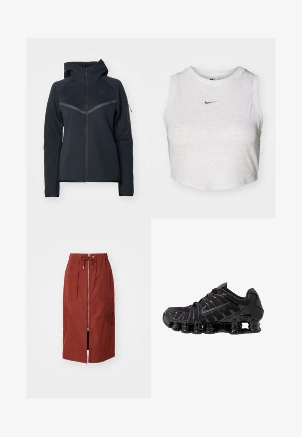 Zwarte zip-up hoodie met een hoge kraag, contrasterende grijze accenten en een zijzak met rits. Gemaakt van zachte fleece met een getailleerd ontwerp.; Witte crop top van zacht, textuurachtig stof. Heeft een ronde hals en een mouwloos ontwerp met een klein gouden Nike-logo aan de voorkant.; Mid-length rok in terracotta rood, met een rits aan de voorkant, een elastische tailleband met trekkoord en zijzakken met een geometrisch ontwerp.; Zwarte sportieve schoen met mesh-bovenwerk en glanzende overlays. Bevat afgeronde spoelvering en textuur lijnen aan de zijkant. Nike-logo zichtbaar.