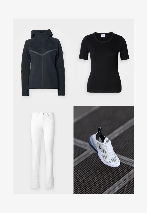 Haut de hoodie zippé noir avec un col haut, des accents gris contrastants et une poche zippée sur le côté. Fabriqué en matériau en polaire douce avec une coupe ajustée.; T-shirt noir à manches courtes en coton doux. Il présente un col rond et une coupe ajustée avec des détails de couture minimalistes.; Jean en denim blanc avec une coupe slim, design à cinq poches, fermeture éclair, et détails de couture subtils. Texture lisse ; pas de motifs visibles.; Baskets blanches avec une tige en mesh, accents noirs et un coussin d'air visible dans la semelle. Elles présentent un design à laçage et une languette.