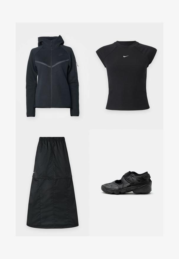 Čierna mikina na zips s vysokým golierom, kontrastnými šedými akcentmi a bočnou zipsovou kapsou. Vyrobená z mäkkého fleece materiálu s prispôsobeným strihom.; Čierny top s krátkym rukávom so žíhanou textúrou, okrúhlym výstrihom a malým bielym logom Nike na hrudi.; Čierna športová sukňa vyrobená z ľahkej, hladkej nylonovej tkaniny. Má elastický pás a jednoduchý, dlhý, áčkový strih.; Čierna športová sandála s uzavretou špičkou, suchými zipsami na priehlavku a päte a hrubou vystlanou podrážkou označenou "AIR" na boku.