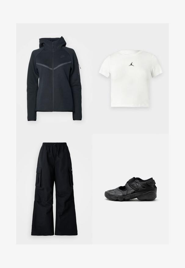 Zwarte zip-up hoodie met een hoge kraag, contrasterende grijze accenten en een zijzak met rits. Gemaakt van zachte fleece met een getailleerd ontwerp.; Witte katoenen cropped t-shirt met een zwart Jumpman-logo in het midden. Korte mouwen en een ronde halslijn met een zachte textuur.; Zwarte cargobroek met wijde pijpen, elastische tailleband, verstelbaar trekkoord en twee steekzakken. Gemaakt van een gladde, lichte stof.; Zwarte sportieve sandaal met gesloten neus, klittenbandriemen op de middenvoet en hiel, en een dikke gewatteerde zool met de tekst "AIR" aan de zijkant.