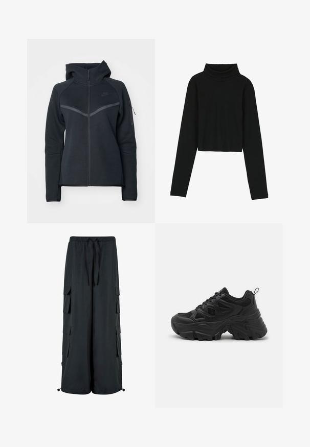 Sort zip-hoodie med høj krave, kontrasterende grå detaljer og en sidelomme med lynlås. Fremstillet af blødt fleece-materiale med en tætsiddende pasform.; Even&Odd Langærmet T-shirt - black; Sorte cargo-lignende bukser med elastisk talje, snørre og sidelommer. Lavet af glat stof med en løstsiddende pasform.; Sorte sportssko med en struktureret mesh-overdel, buet gummisåler og et fremtrædende dækmønster. Har integreret snøring og en pull tab.