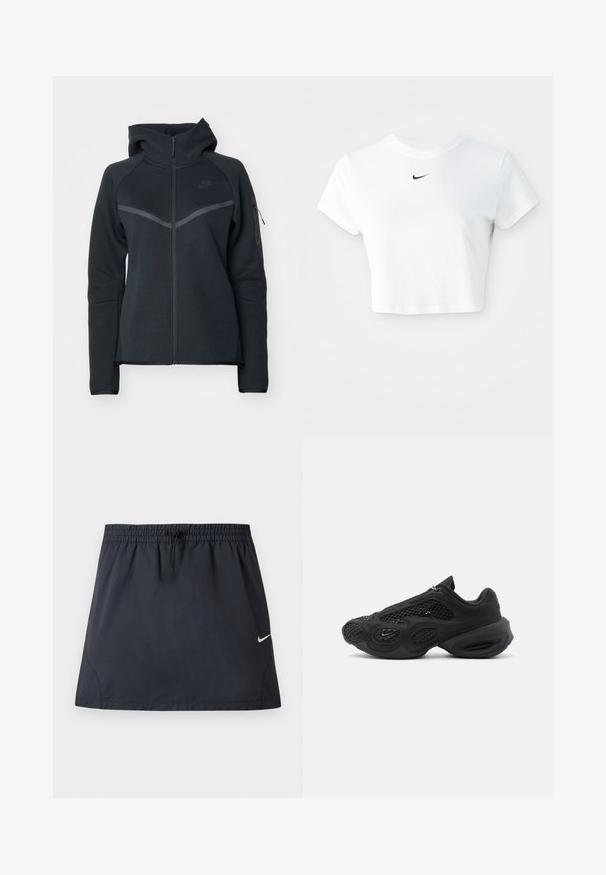 Sort zip-hoodie med høj krave, kontrasterende grå detaljer og en sidelomme med lynlås. Fremstillet af blødt fleece-materiale med en tætsiddende pasform.; Hvid kortærmet t-shirt lavet af bomuld, med korte ærmer og rund halsudskæring, og med et sort Nike-logo på brystet.; Sort atletisk nederdel med elastisk taljebånd og justerbar snøre, med en lille hvid Nike swoosh-logo på højre side.; Sort atletiksneaker med meshpaneler, tyk, polstret sål og lille swoosh-logo på siden, fotograferet mod en ensartet baggrund.