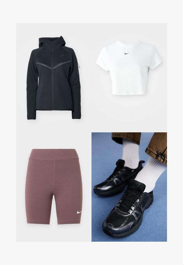 Sort zip-hoodie med høj krave, kontrasterende grå detaljer og en sidelomme med lynlås. Fremstillet af blødt fleece-materiale med en tætsiddende pasform.; Hvid kortærmet t-shirt lavet af bomuld, med korte ærmer og rund halsudskæring, og med et sort Nike-logo på brystet.; Bikershorts i en afdæmpet mauvefarve, lavet af elastisk stof. Har en høj talje og en lille hvid Nike swoosh-logo.; Sorte Nike-sneakers med mesh og syntetisk materiale, der har en struktureret overdel, sorte snørebånd og holdbare gummisåler. Hvide ribstrikkede sokker er synlige.