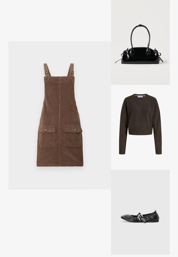 Donkerbruine gebreide cardigan met knopen, lange mouwen, geribbelde manchetten en zoom, en een ronde halslijn.; Bruine corduroy tuinbroek jurk met verstelbare bandjes, twee voorkanten zakken en een centrale naad. Getextureerde stof met een zachte uitstraling.; Zwarte leren platte schoen met een spitse neus, geplooide details rond de opening en een zilveren gespaccentueerde verstelbare band.; Kleine zwarte glanzende handtas met twee lange hengsels en zijkant trekkoord details op een effen lichte achtergrond.