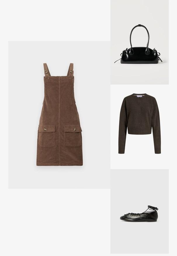 Cardigan en maille marron foncé boutonné, manches longues, poignets et ourlet côtelés, avec un col rond.; Robe salopette en velours côtelé marron avec bretelles réglables, deux poches avant et une couture centrale. Tissu texturé au toucher doux.; Ballerines en cuir verni noir avec un bout rond, un design à lacets et une semelle plate. Texture lisse avec peu de détails.; Petit sac à main noir brillant avec deux longues anses et des détails à cordon sur les côtés sur un fond clair uni.