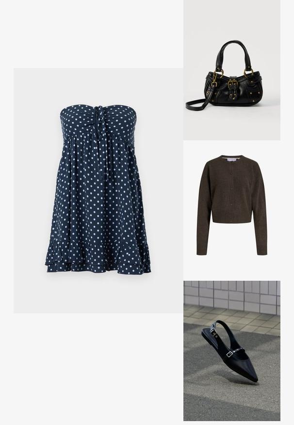Donkerbruine gebreide cardigan met knopen, lange mouwen, geribbelde manchetten en zoom, en een ronde halslijn.; Marineblauwe strapless jurk met witte polka dots, een strik in het midden en een gerimpelde zoom.; Zwarte platte slingback met spits toelopende neus en dubbele gespsluitingen, rustend op grijs asfalt bij een achtergrond van betegelde muur.; Zwarte leren handtas met gouden gesp en klinknagel details, korte handvatten en een verstelbare schouderriem op een effen witte achtergrond.