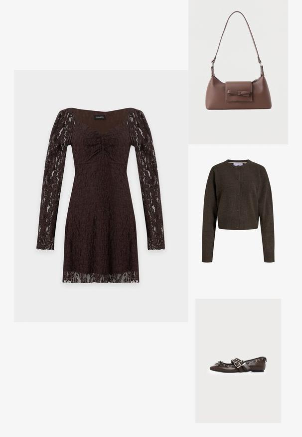 Donkerbruine gebreide cardigan met knopen, lange mouwen, geribbelde manchetten en zoom, en een ronde halslijn.; Donkerbruine kanten jurk met lange mouwen, geplooide borstpartij en semi-transparante kanten mouwen en zoom tegen een witte achtergrond.; Bruine leren platte schoen met dubbele zilveren gespen, decoratieve veters langs de randen en een kleine strik op de puntige neus.; Bruine leren schoudertas met een voorvak met klep en een gestikte strikdetail en een verstelbare band.