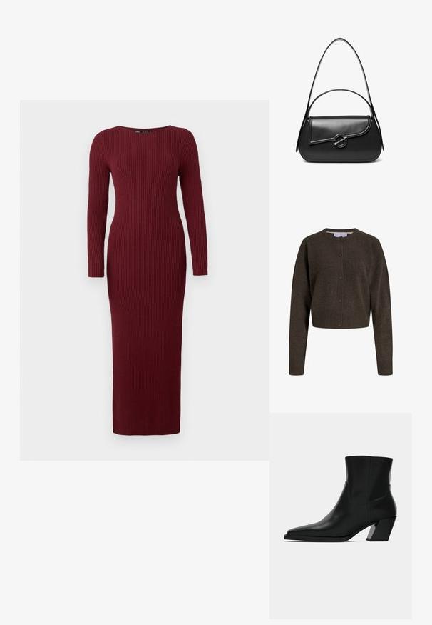 Cardigan en maille marron foncé boutonné, manches longues, poignets et ourlet côtelés, avec un col rond.; Robe maxi en tricot côtelé bordeaux avec des manches longues et un col bateau, présentant une silhouette ajustée et une texture subtile.; Bottine en cuir noir avec un bout pointu, une silhouette élégante et un talon carré massif. Texture lisse avec des détails de couture minimalistes.; Sac à bandoulière en cuir noir avec un rabat incurvé fermé par un fermoir métallique rond et une sangle fine et ajustable.