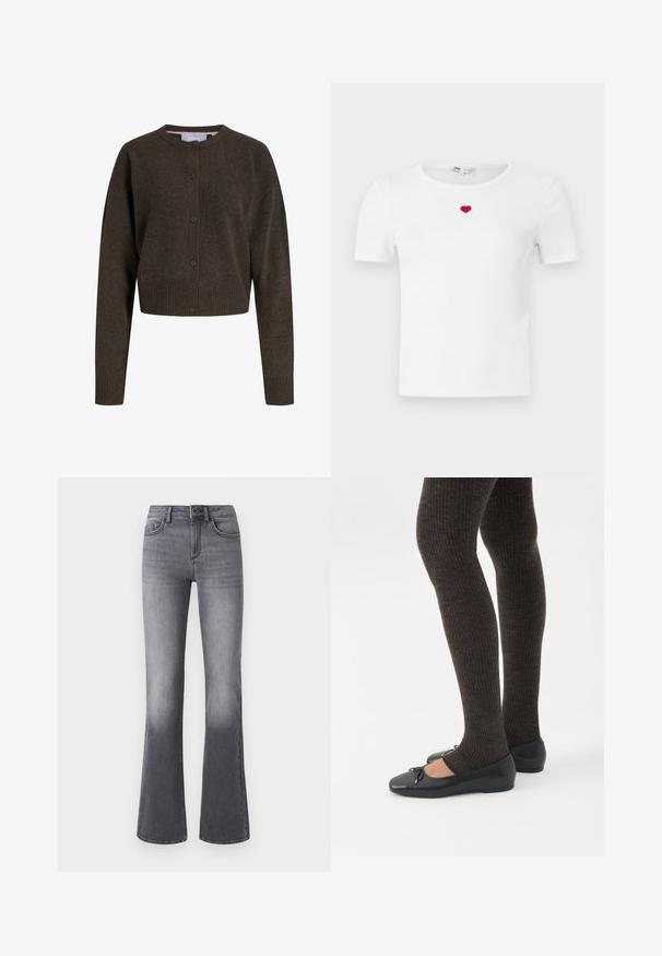 Cardigan en maille marron foncé boutonné, manches longues, poignets et ourlet côtelés, avec un col rond.; T-shirt blanc à manches courtes côtelées avec un petit cœur rouge brodé au centre de la poitrine, sous l'encolure.; Jean flare taille haute en denim gris foncé, avec poches frontales, fermeture à bouton et légère décoloration vers l'ourlet.; Jambes portant des leggings côtelés foncés associés à des ballerines noires avec de petits détails en nœud sur fond blanc.
