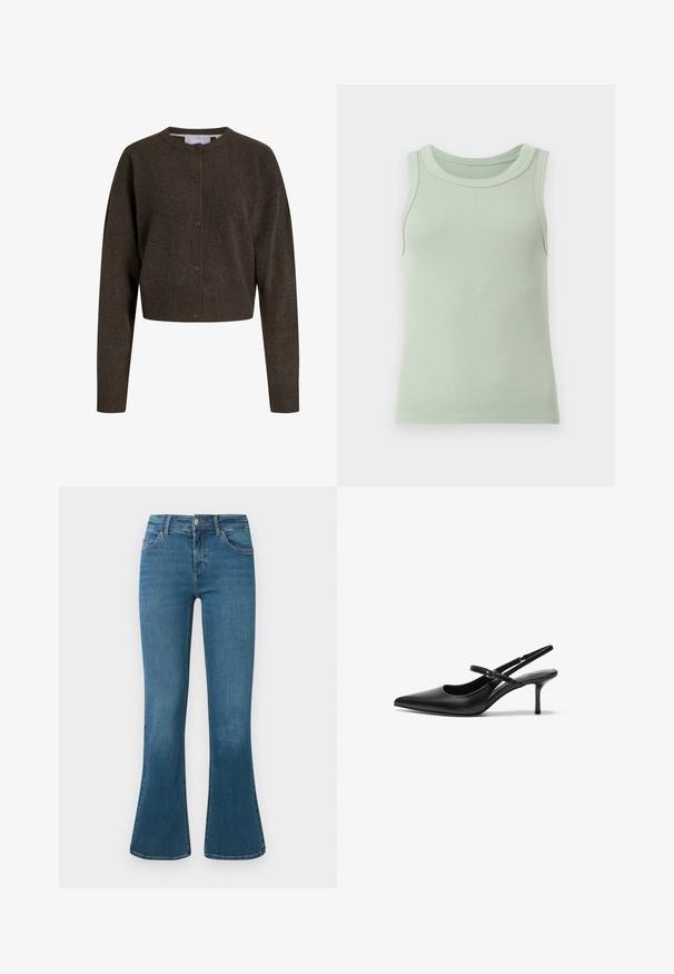Mørkebrun strikcardigan med knapper, lange ærmer, ribstrikkede ærmekanter og kant forneden samt rund halsudskæring.; Lysegrøn ribbet ærmeløs tanktop med rund halsudskæring, vist på en ensfarvet hvid baggrund.; Blå denim flared jeans med en mellemhøj talje, fem-lomme design og diskrete syninger. Glat tekstur med en klassisk vask.; Sorte læder slingback hæle med spids tå, slank justerbar rem og en stiletto hæl på cirka 5 cm, glat tekstur.