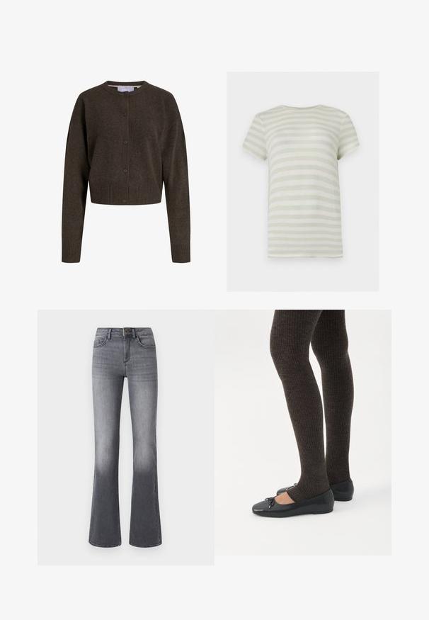 Donkerbruine gebreide cardigan met knopen, lange mouwen, geribbelde manchetten en zoom, en een ronde halslijn.; T-shirt met korte mouwen en ronde hals met horizontale lichtgroene en witte strepen, effen achterkant en geribbelde gebreide textuur.; High-waisted flared jeans in donkergrijze denim, met voorzakken, een knoopsluiting en subtiele vervaging naar de zoom toe.; Benen met donkere geribbelde leggings gecombineerd met zwarte ballerina's met kleine strikdetails op een witte achtergrond.