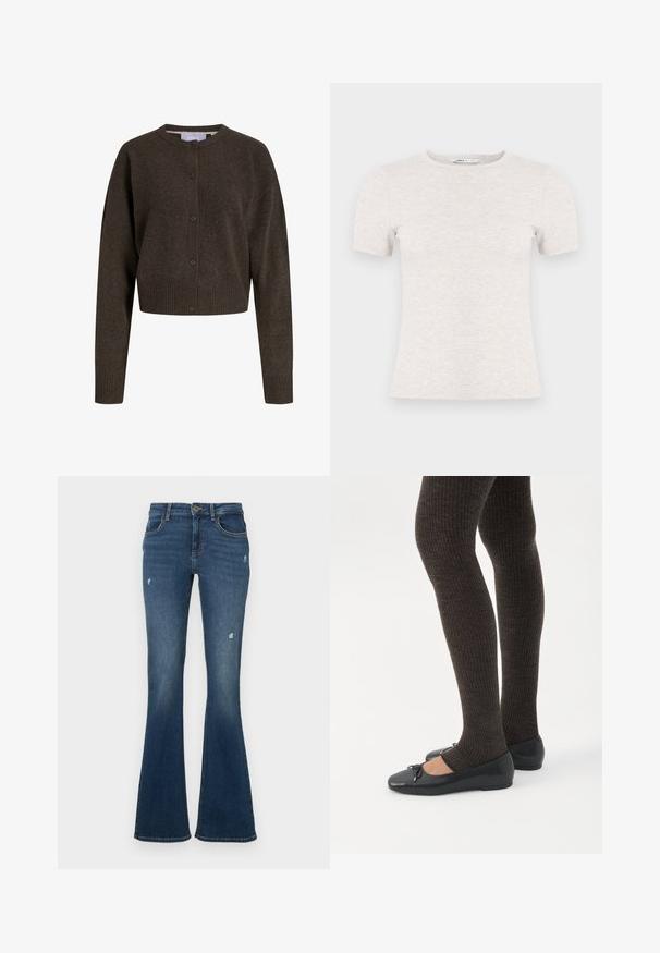 Mørkebrun strikcardigan med knapper, lange ærmer, ribstrikkede ærmekanter og kant forneden samt rund halsudskæring.; Lysegrå kortærmet t-shirt lavet af ribstrikket stof med rund halsudskæring. Simpelt design, glat tekstur, uden synlige mønstre eller accenter.; Flared jeans i mørkeblå denim med slidte områder. Har fem lommer og lynlås foran. Mellemvægtigt stof med en glat tekstur.; Ben iført mørke ribbede leggings kombineret med sorte balletsko med små sløjfedetaljer på hvid baggrund.