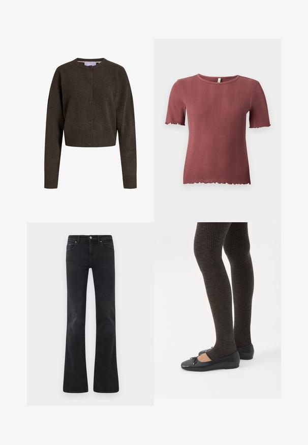 Donkerbruine gebreide cardigan met knopen, lange mouwen, geribbelde manchetten en zoom, en een ronde halslijn.; Korte mouw, geribbelde gebreide top in stoffige roos met een ronde hals en subtiele slabrandafwerking aan de mouwen en zoom.; Zwarte flare jeans gemaakt van denim, met een klassieke vijf-pocket design, een knoopsluiting en subtiele stikseldetails.; Benen met donkere geribbelde leggings gecombineerd met zwarte ballerina's met kleine strikdetails op een witte achtergrond.
