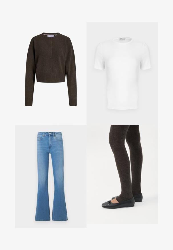 Mørkebrun strikcardigan med knapper, lange ærmer, ribstrikkede ærmekanter og kant forneden samt rund halsudskæring.; Hvid ribstrikket T-shirt med korte ærmer, rund hals og tætsiddende pasform samt en lille mærkeetiket inde i kraven.; Lyseblå denim jeans med vidde ved benene og en talje i mellemhøjde, der har forlommer og lukning med knap. Glat tekstur og klassisk design med fem lommer.; Ben iført mørke ribbede leggings kombineret med sorte balletsko med små sløjfedetaljer på hvid baggrund.