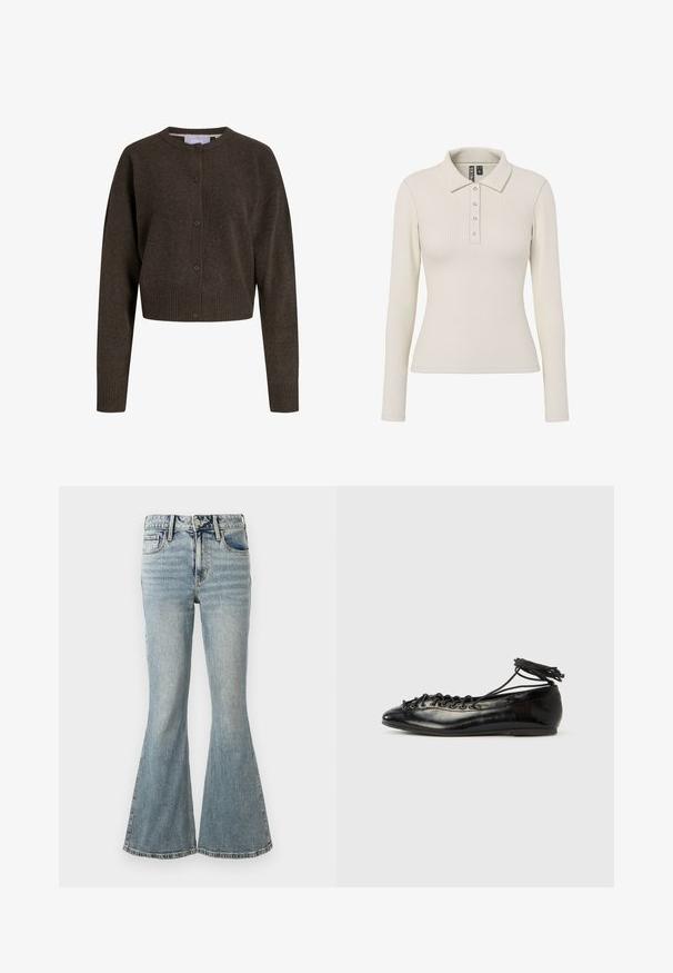 Cardigan en maille marron foncé boutonné, manches longues, poignets et ourlet côtelés, avec un col rond.; Polo à manches longues en tissu côtelé blanc cassé avec un col et cinq boutons métalliques sur le devant. Design ajusté.; Jean denim bleu clair taille haute avec jambes évasées, bouton à l'avant, fermeture éclair, et design à cinq poches sur fond blanc.; Ballerines en cuir verni noir avec un bout rond, un design à lacets et une semelle plate. Texture lisse avec peu de détails.