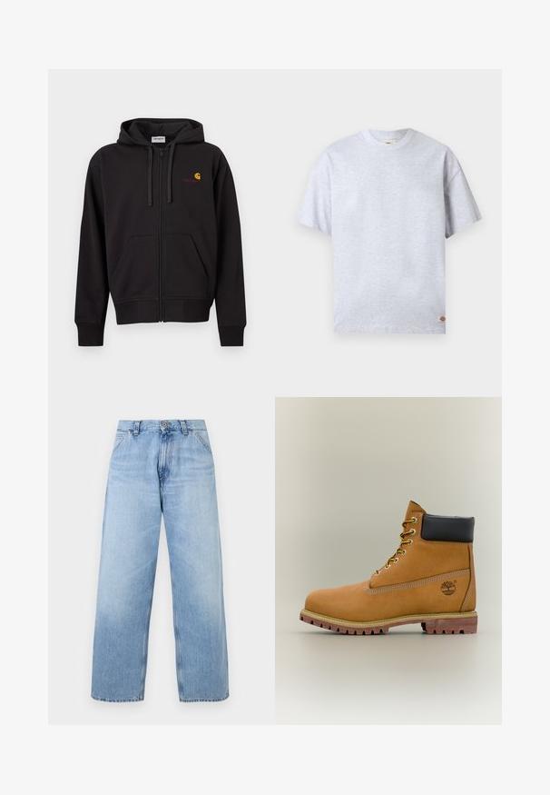 Sweat à capuche noir zippé avec poches avant, capuche à cordon de serrage, et petit logo Carhartt jaune et rouge sur le côté gauche de la poitrine.; T-shirt gris clair uni à manches courtes avec un col rond, doté d'une petite étiquette logo rectangulaire en bas à droite de l'ourlet.; Jean en denim bleu clair à jambes larges avec poches avant, passants pour ceinture, fermeture par bouton, et détails délavés.; Bottine en cuir marron avec col noir, lacets jaunes et semelle beige. Présente un logo et des détails de couture blanche. Semelle extérieure à traction robuste.