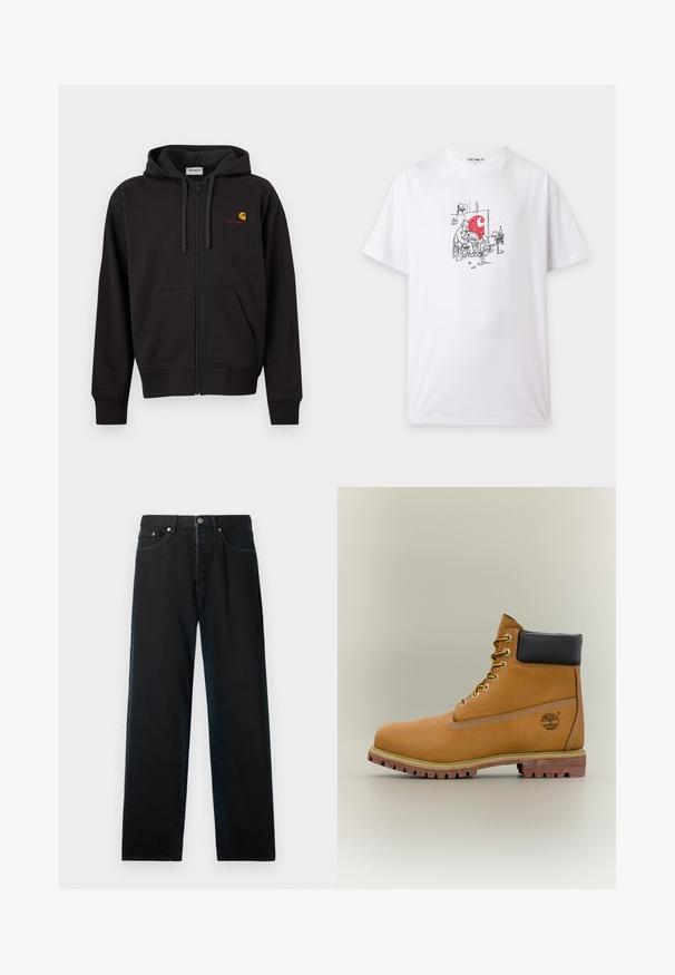 Sweat à capuche noir zippé avec poches avant, capuche à cordon de serrage, et petit logo Carhartt jaune et rouge sur le côté gauche de la poitrine.; T-shirt blanc avec un petit croquis noir représentant deux personnes en train de peindre, l’une assise et l’autre debout, avec une éclaboussure rouge sur la toile dans un atelier d’art.; Jean en denim noir avec une coupe droite, un design à cinq poches et des éléments métalliques. Le tissu a une texture lisse et un décoloration minimale.; Bottine en cuir marron avec col noir, lacets jaunes et semelle beige. Présente un logo et des détails de couture blanche. Semelle extérieure à traction robuste.