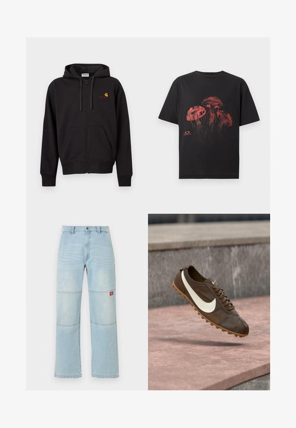 Sweat à capuche noir zippé avec poches avant, capuche à cordon de serrage, et petit logo Carhartt jaune et rouge sur le côté gauche de la poitrine.; T-shirt noir à manches courtes avec un motif méduse rouge sur le devant et petit logo Oakley sous le dessin.; Jean en denim bleu clair à jambes larges avec des détails aux panneaux des genoux et un petit patch logo rectangulaire rouge sur la cuisse droite.; Chaussure de course Nike marron avec logo swoosh blanc et semelle en gomme flottant au-dessus d'une surface en pierre rose avec un fond en pierre grise.