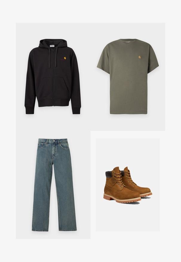 Sweat à capuche noir zippé avec poches avant, capuche à cordon de serrage, et petit logo Carhartt jaune et rouge sur le côté gauche de la poitrine.; T-shirt à col rond vert olive, manches courtes, en coton, avec un petit logo orange sur le côté gauche de la poitrine.; Jean denim bleu à coupe droite avec cinq poches, fermeture par bouton et passants pour ceinture sur un fond clair uni.; Bottines en daim marron avec un col rembourré noir, œillets dorés et semelle en caoutchouc épais avec un motif à crampons pour l'adhérence.