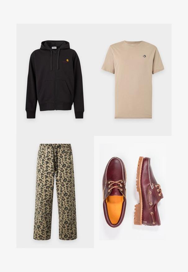 Sweat à capuche noir zippé avec poches avant, capuche à cordon de serrage, et petit logo Carhartt jaune et rouge sur le côté gauche de la poitrine.; T-shirt beige à manches courtes et col rond avec un petit patch style cartoon sur la poitrine gauche représentant un personnage aux yeux écarquillés.; Pantalon imprimé léopard en couleurs beige et marron, avec taille élastique à cordon, poches latérales et coupe décontractée.; Chaussures en cuir bourgogne avec semelles en caoutchouc marron, bout rond, couture blanche et œillets dorés. L'intérieur présente une doublure jaune.