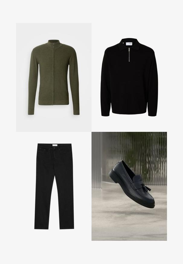Pull zippé vert kaki avec un col montant, fabriqué en tissu tricot texturé, présentant des manches longues et une silhouette ajustée.; Pull noir à manches longues en maille avec col et courte fermeture éclair à l'avant, conçu pour hommes.; Jean droit noir avec un design à cinq poches, fermeture à bouton et zip, et une étiquette de marque Pier One sur la taille.; Mocassins en cuir noir avec une texture lisse, un bout arrondi et des pampilles décoratives à l'avant. Semelle en caoutchouc flexible avec un petit talon.