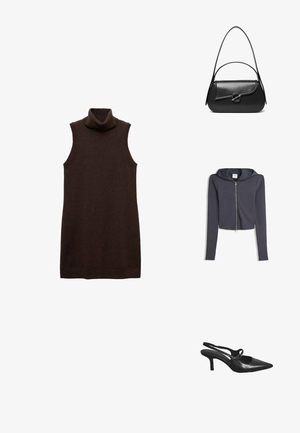 Afskåret mørkegrå zip-up hoodie med lange ærmer og hætte med snørre. Lavet af blødt stof, med en sølvfarvet lynlås og minimalistisk design.; Brun ærmeløs turtleneck kjole lavet af blødt materiale, med en høj krave og en figursyet silhuet, samt ribbede kanter ved halsen og kanten.; Sort læder slingback højhælet sko med spids tå og lille spænderem over toppen.; Sort skuldertaske i læder med en buet klap, der er fastgjort med en rund metal spænde, og en slank, justerbar rem.