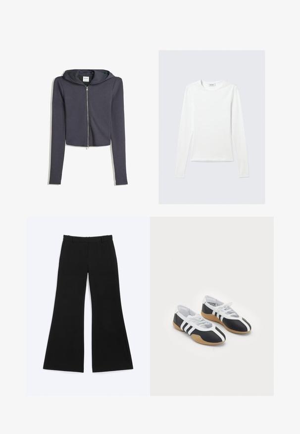 Afskåret mørkegrå zip-up hoodie med lange ærmer og hætte med snørre. Lavet af blødt stof, med en sølvfarvet lynlås og minimalistisk design.; Langærmet, enkel hvid T-shirt med rund halsudskæring og tætsiddende pasform, vist mod en lysegrå baggrund.; Sorte bukser med vide ben, bæltestropper og sidelommer, vist fladt på en hvid baggrund.; Sort-hvide sportsko med et slankt design, gummisål, snørebåndslukning og tre hvide striber på siden.