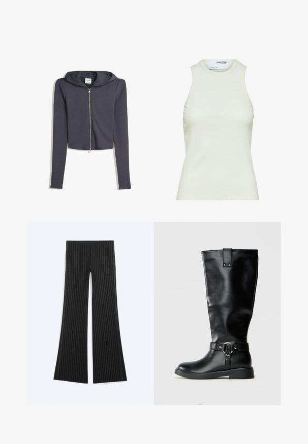 Afskåret mørkegrå zip-up hoodie med lange ærmer og hætte med snørre. Lavet af blødt stof, med en sølvfarvet lynlås og minimalistisk design.; Ærmeløs hvid ribbet tanktop med rund halsudskæring fra Selected Femme, viser frontvisning uden mønstre eller dekorationer.; Sorte bukser med brede ben og nålestriber ligger fladt på en lys baggrund, med lodrette hvide striber og uden synlige lommer eller knapper.; Sorte knæhøje støvler lavet af glat syntetisk materiale, med en bred skaft, en metalspændeaccent og en lav, flad sål.