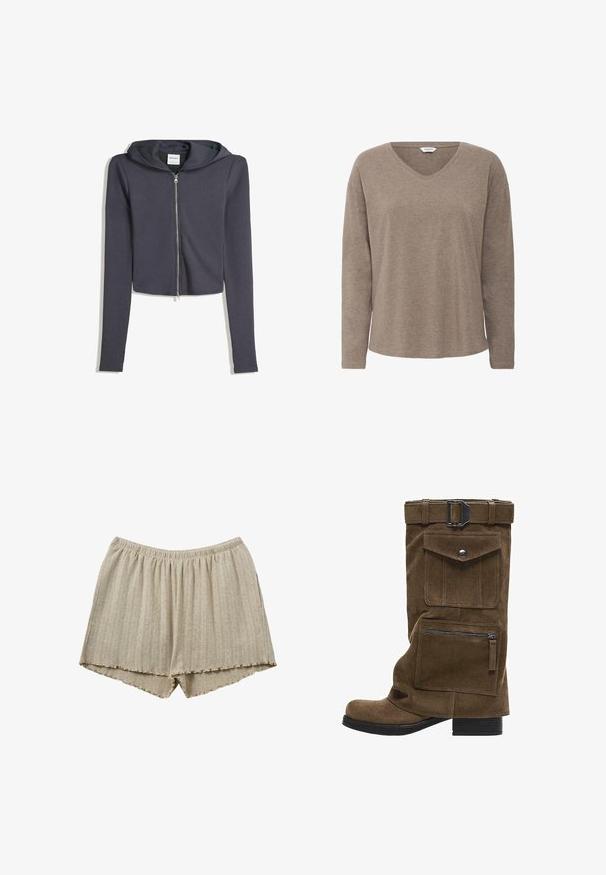 Gekürzte, dunkelgraue Kapuzenjacke mit langen Ärmeln und Kordelzugkapuze. Aus weichem Stoff gefertigt, mit einem silbernen Reißverschluss und minimalistischen Design.; Langarm-V-Ausschnitt-Oberteil aus einem weichen, sandfarbenen Stoff. Mit lässiger Passform und geradem Schnitt. Nahtlose Schultern und subtile Textur.; Beige Rippenshorts mit elastischem Bund, gekennzeichnet durch einen gewellten Saum und ein strukturiertes Muster. Der Stoff wirkt weich und leicht.; Brauner Wildleder-Stiefel bis zur Mitte der Wade mit Schnallenriemen, Klappentasche mit Druckknopf und unterer Reißverschlusstasche auf schwarzer Sohle mit niedrigem Absatz.