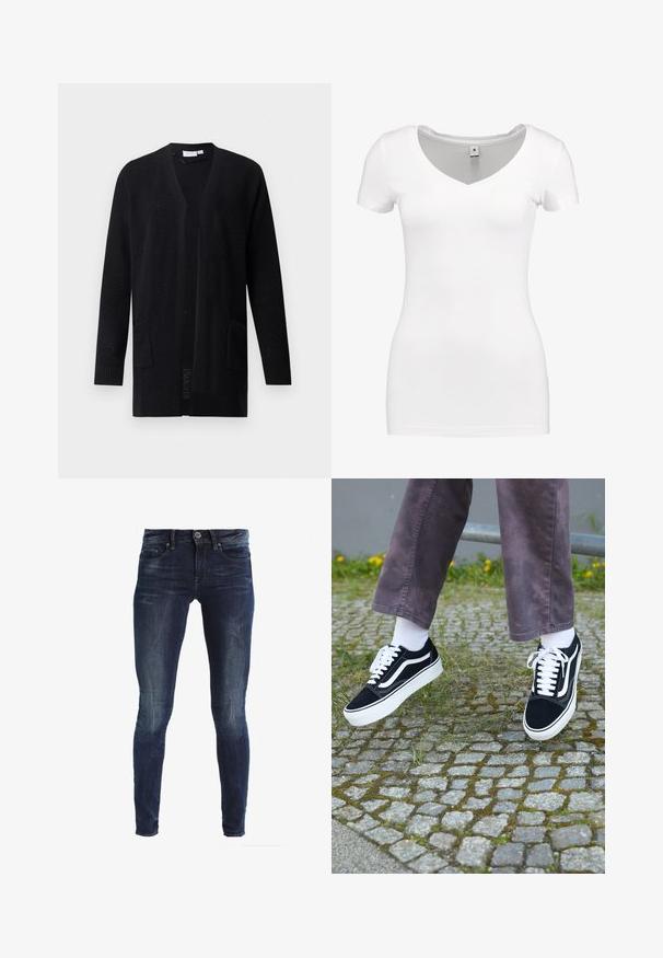 Zwarte open-gewerkte cardigan met lange mouwen en twee voorzakken, met een gestructureerd patroon, afgebeeld op een effen achtergrond.; G-STAR BASE - T-shirt basic - white; Skinny-fit jeans in donkerblauwe denim, met een vervaagde was, vijf zakken en een knoopsluiting. Klassiek ontwerp zonder zichtbare hardware-accenten.; Zwarte suède sneakers met witte accenten, met een ronde neus, dikke witte zool en klassieke vetersluiting, gedragen met witte sokken en paarse broek.