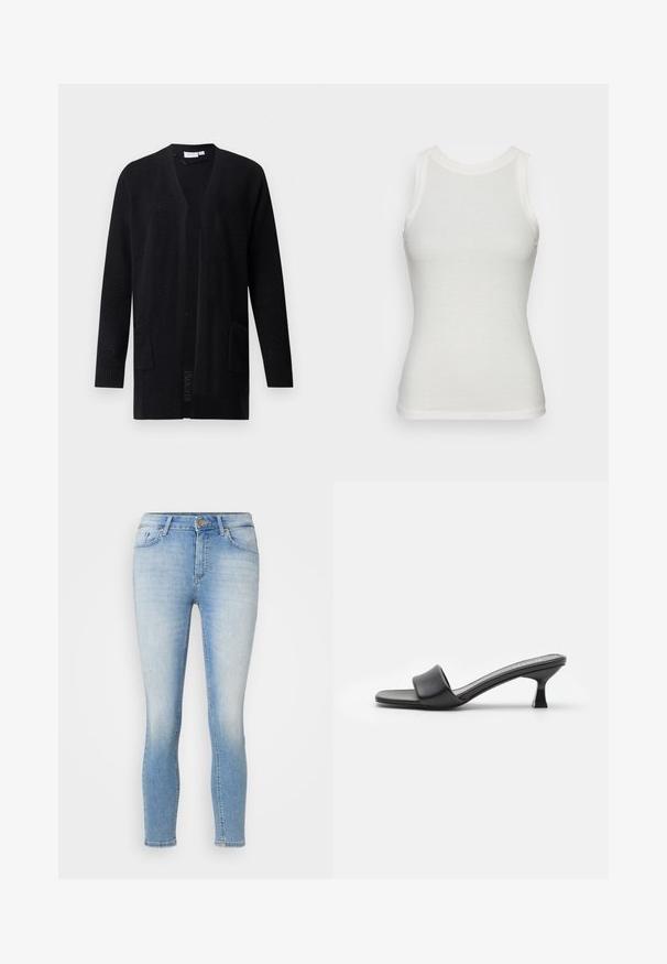 Zwarte open-gewerkte cardigan met lange mouwen en twee voorzakken, met een gestructureerd patroon, afgebeeld op een effen achtergrond.; Sofie Schnoor Top - white; Lichtblauwe skinny jeans met een sluiting van een knoop en rits aan de voorkant, vijf zakken en subtiele vervaging op de dijen en knieën.; Zwarte hoge muiltjes met een gladde, matte leren bovenkant, open teen, brede band over de wreef en slanke, vierkante hak.