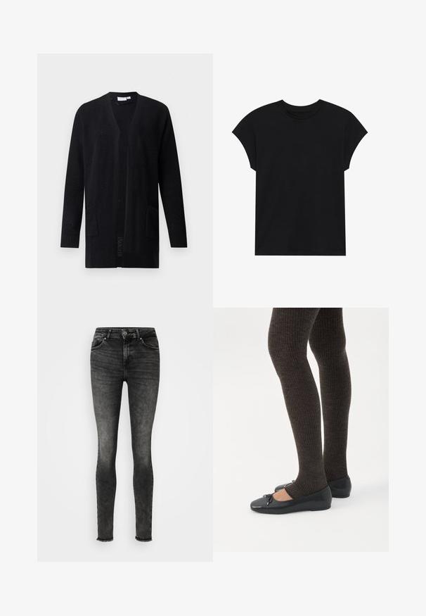 Cárdigan negro de punto abierto al frente con mangas largas y dos bolsillos delanteros, patrón texturizado, mostrado sobre un fondo liso.; Camiseta de algodón negra con escote redondo, mangas cortas y un corte relajado. Textura suave y sin patrones o adornos visibles.; Jeans ajustados en denim negro desgastado, con una cintura alta, corte slim, cinco bolsillos y dobladillo deshilachado en los tobillos.; Piernas con leggings oscuros acanalados combinados con bailarinas negras que presentan pequeños detalles de lazo sobre un fondo blanco.