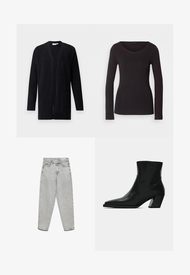 Sort åben-front strikcardigan med lange ærmer og to forlommer, tekstureret mønster, vist på ensfarvet baggrund.; Sort langærmet top lavet af glat stof med rund halsudskæring og tætsiddende silhuet; har ingen mønstre eller detaljer.; Lysegrå højtaljede jeans med lige ben, forlommer, bæltestropper og lynlåslukning.; Sortlæder ankelstøvle med spids tå, en slank silhuet og en kraftig firkantet hæl. Glat tekstur med minimale stikninger.