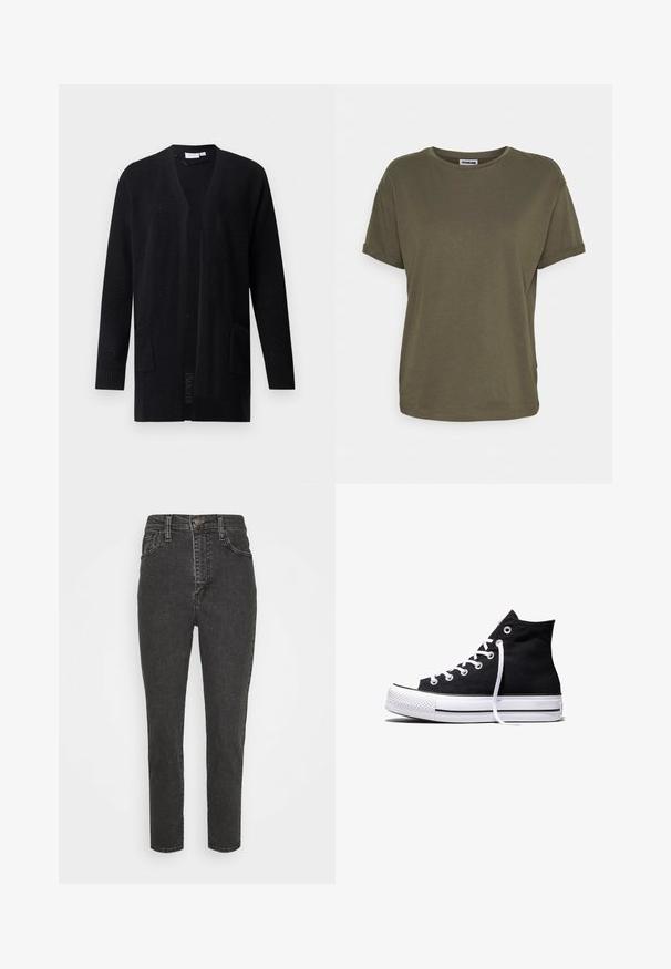 Zwarte open-gewerkte cardigan met lange mouwen en twee voorzakken, met een gestructureerd patroon, afgebeeld op een effen achtergrond.; Noisy May NMBRANDY - T-shirt basic - kalamata; Zwarte denim jeans met hoge taille en een slim fit, voorzien van een knoopsluiting, riemlussen en een klassieke vijf-pocket ontwerp.; Zwarte hooggesloten canvas sneaker met witte rubberen zool en witte veters, zijwaarts weergegeven op een witte achtergrond.