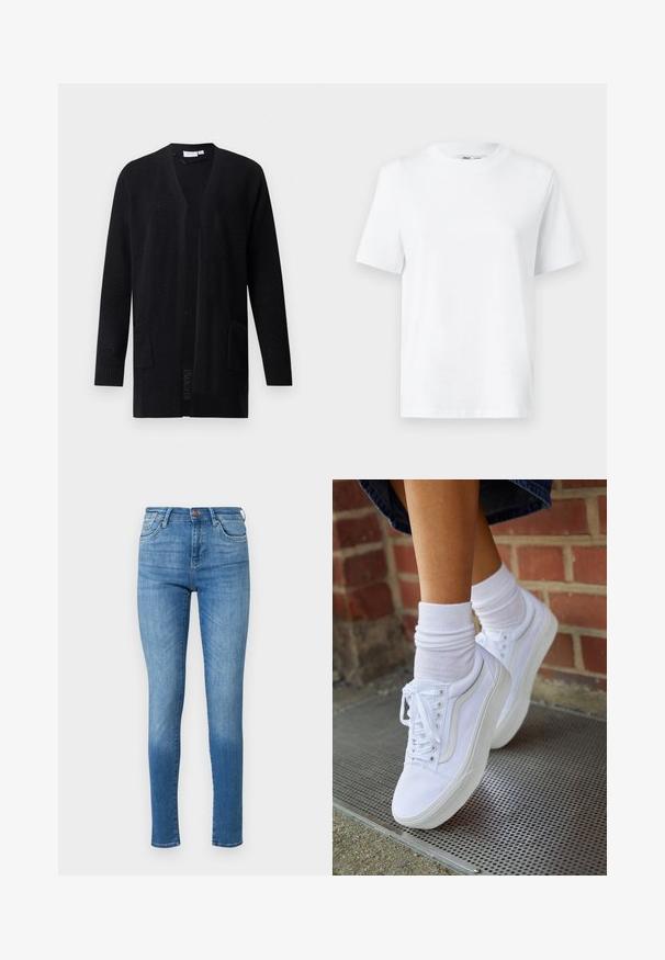 Cárdigan negro de punto abierto al frente con mangas largas y dos bolsillos delanteros, patrón texturizado, mostrado sobre un fondo liso.; Camiseta de algodón blanca de cuello redondo con mangas cortas y una textura suave. Diseñada con un ajuste relajado para mayor comodidad y versatilidad.; Jeans ajustados en denim azul medio. Cintura alta, diseño de cinco bolsillos, con un ligero desgaste. Acentos de costura en las costuras y el dobladillo.; Zapatillas de lona blancas con suelas de goma, que presentan seis ojales, puntera redonda y detalles de costura ligera, combinadas con calcetines blancos hasta el tobillo.