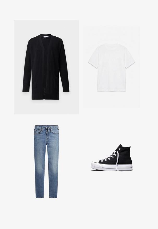 Cárdigan negro de punto abierto al frente con mangas largas y dos bolsillos delanteros, patrón texturizado, mostrado sobre un fondo liso.; Camiseta blanca lisa de manga corta con cuello redondo, colocada plana sobre un fondo blanco.; Jeans de mezclilla azul claro con un ajuste Slim, diseño de cinco bolsillos, cierre de botón y detalles de desgaste en las piernas. Acentos de costura clásica.; Zapatilla alta de lona negra con suela de goma blanca y cordones blancos, vista de lado sobre un fondo blanco.