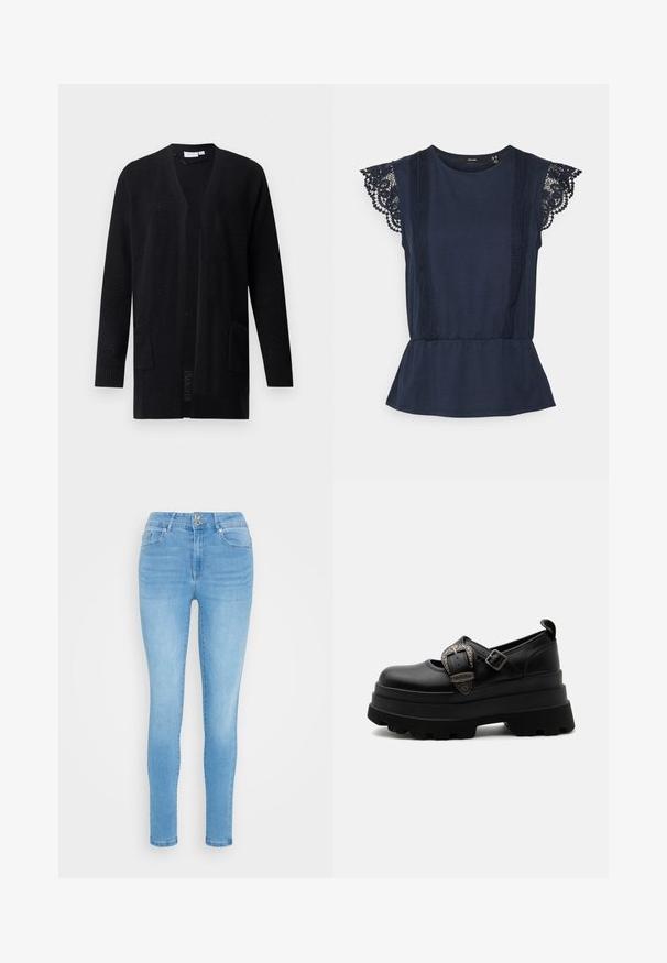 Mustast avatud eest ümbert kantavast kudumiga kampsunist pikad varrukad ja kaks esist taskut, tekstuuriga muster, kujutatud lihtsal taustal.; Vero Moda Tall VMCAIA LACE - Topp - navy blazer; Vero Moda VMSOPHIA - Kitsa lõikega teksad - medium blue denim; Mustad robustsed platvormiga Mary Jane kingad paksu soonilise tallaga, dekoratiivse hõbedase pandla ja reguleeritava rihmaga ühtlasel valgel taustal.