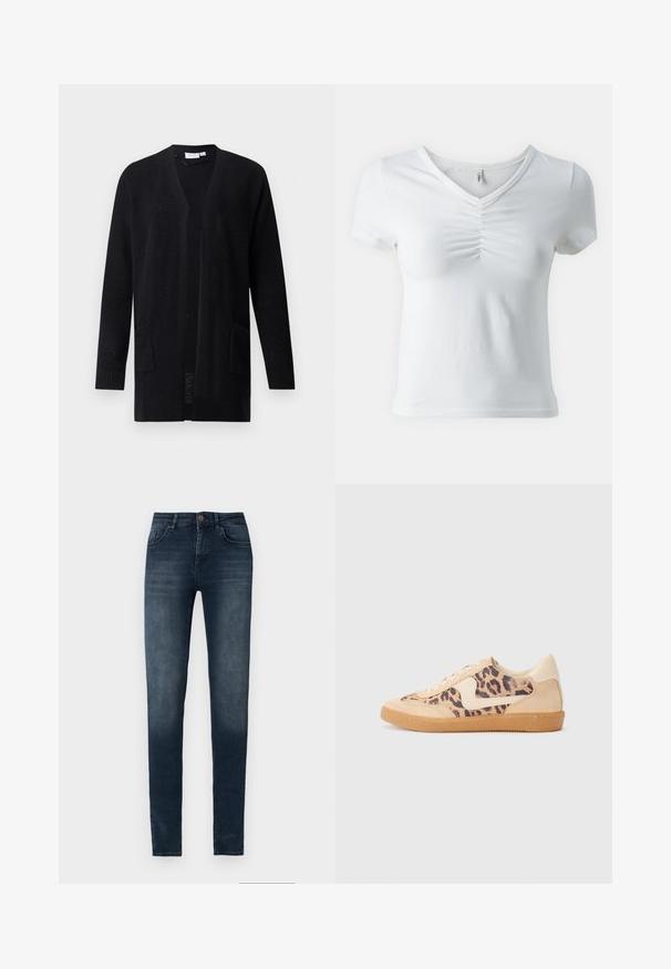 Sort åben-front strikcardigan med lange ærmer og to forlommer, tekstureret mønster, vist på ensfarvet baggrund.; Hvid kortærmet T-shirt med V-hals og sammenfoldet detalje ved midten af barmen. Lavet af blødt, letvægts stof. Klassisk pasform.; Mørkeblå smalle denimjeans med let falmning på lårene, fem-lomme-stil og knap lukning i taljen.; Leopardprint sneakers med beige ruskindsoverdel, tan gummisål og hvide detaljer. Rund pegefinger og snørebåndsdesign med en tekstureret finish.