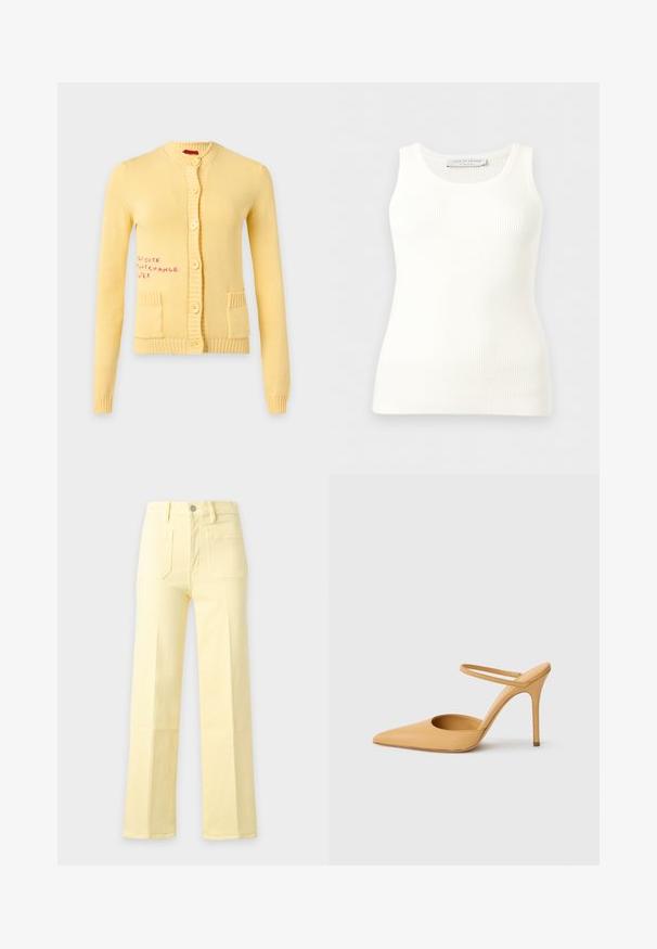 Cardigan jaune en tricot avec des boutons sur le devant, deux poches et un texte manuscrit rose sur le côté gauche.; Débardeur blanc côtelé sans manches avec encolure ronde, coupe ajustée, et étiquette de la marque à l'intérieur du col arrière.; Pantalon jaune taille haute à jambes droites avec poches plaquées à l'avant et fermeture par boutons sur fond uni.; Chaussure à talon aiguille beige à bout pointu avec une fine bride de cheville sur fond blanc.
