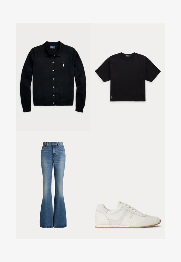 Zwarte cardigan van zacht materiaal, met een polokraag, knopenfront en klein geborduurd logo op de borst. Glad patroon.; Zwarte T-shirt met korte mouwen, ronde hals en een relaxte pasvorm met een klein wit geborduurd logo bij de onderzoom op een effen achtergrond.; High waist blauwe spijkerbroek met uitlopende pijpen en lichte vervaging aan de voorkant van het bovenbeen, getoond tegen een witte achtergrond.; Witte lage sneaker met veters aan de voorkant, suède en leren panelen, en een lichtbruine rubberen zool op een witte achtergrond.