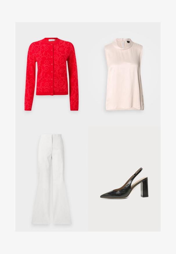 Rød strikket cardigan med blomstermønster, rund halsudskæring og knaplukning. Lange ærmer samt ribbede manchetter og kant.; Ærmeløs lyserød bluse med høj krave, lavet af glat, skinnende stof. Har knaplukning bagpå og en buet kant.; Hvide flagrende bukser lavet af letvægtsstof, med en glat tekstur, detalje med søm fortil og en tætsiddende talje.; Sort læder peep-toe slingback sko med høj blokhæl og beige indvendig foring mod en ensfarvet lys baggrund.
